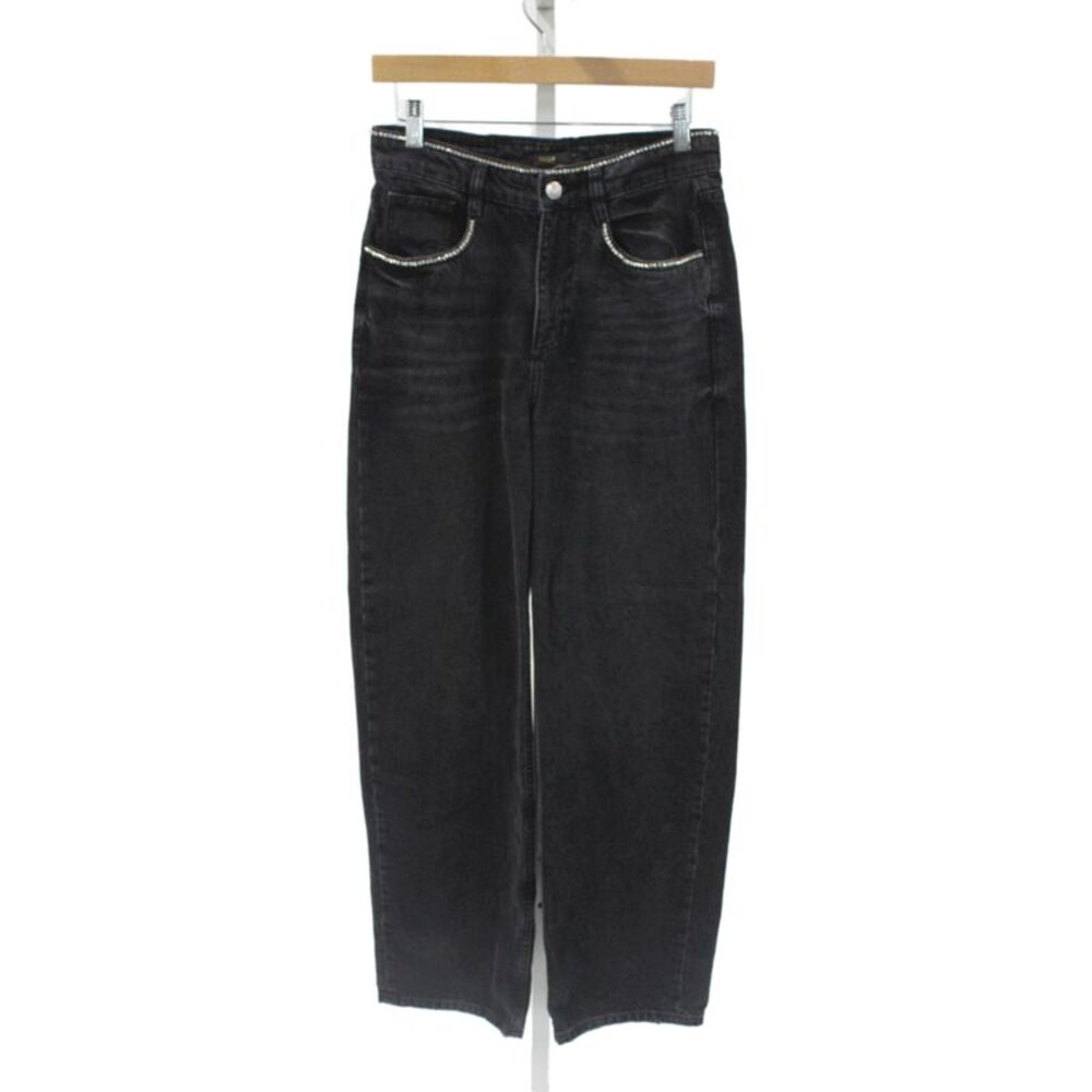 Maje Women Straight Black Jeans 100% Cotton High Rise Rhinestone Size 36